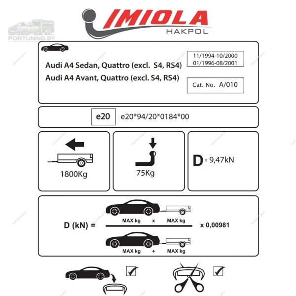 Фаркоп Imiola (Польша) для Audi A4 I «B5» (1994-2001) "седан/ универсал"