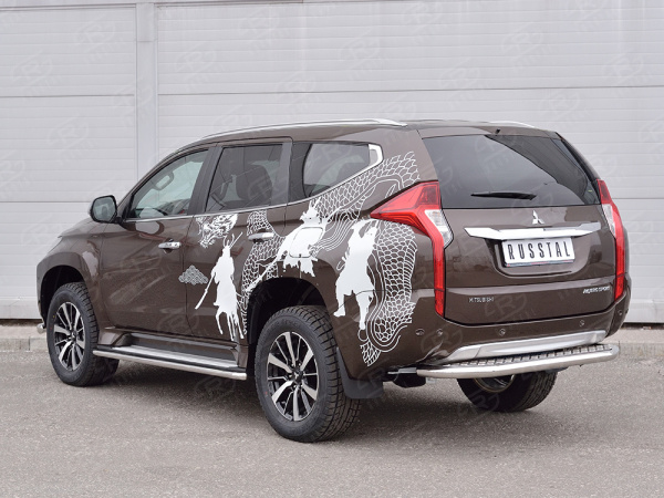 Фото Защита заднего бампера d63 с листом (лист алюм, проф. нерж)(вариант 1) MITSUBISHI PAJERO SPORT 2016