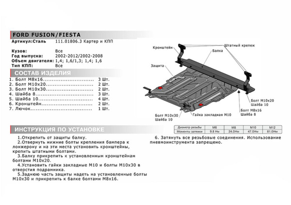 Фото Защита картера и КПП Автоброня для Ford Fusion, V - 1,4; 1,6 2002-