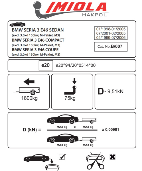 Фаркоп Imiola для BMW 3-Series E46 седан/купе/компакт (1998-2005), кроме 3.0xd, M3, M-Pakiet