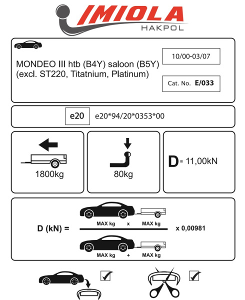 Фаркоп Imiola для Ford Mondeo хетчбек/седан 2000-2007