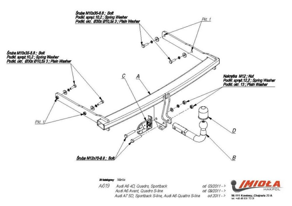Фаркоп Imiola для Audi A6 седан/универсал, в т.ч. Quattro, в т.ч. S-line, кроме RS6 2011-2014, 2014-, Audi A7 Sportback, в т.ч. Quattro, S-line 2010-2014, 2014-