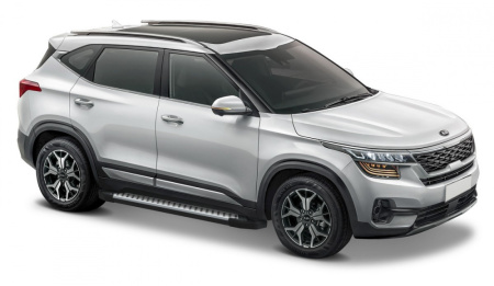 Пороги алюминиевые Rival "Bmw-Style круги" для Kia Seltos 2019-н.в./Soul III 2019-н.в.