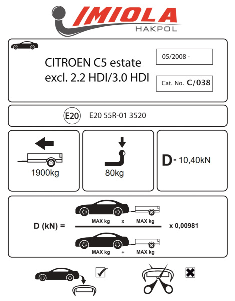 Фаркоп Imiola для Citroen C5 универсал 2008-2017 ( кроме 2.2 и 3.0HDI)