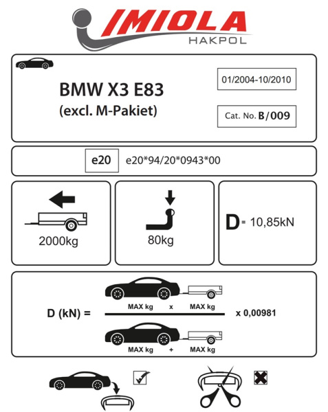 Фаркоп Imiola для BMW X3 E83 (2004-2010), (кроме M-Pakiet)