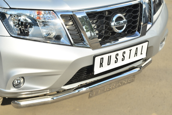 Фото Защита переднего бампера d63 (волна) с декор надписью NISSAN Terrano 2014-