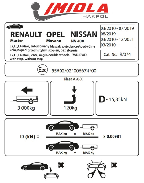 фото Фаркоп Imiola для Opel Movano «B» (2010-), (L2, L3, L4 Maxi, VAN, одинарные/двойные колеса, передний/задний привод, с подножкой, без подножки)