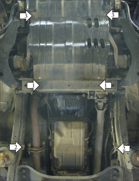 Фото Защита Motodor для картера, кпп и дифференциала передней оси (две части) Mitsubishi Pajero Sport (акпп) (2008-2011)