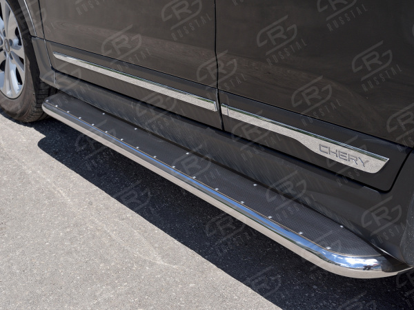 Фото Пороги труба d42 с листом (лист нерж, проф. нерж)(вариант 3) CHERY TIGGO 5 2014